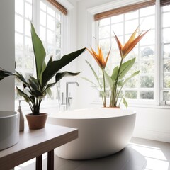 Wall Mural - Close up of bird of paradise plant and flower in bathroom, created using generative ai technology