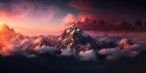 Wall Mural - general view of mountain peak and orange clouds, created using generative ai technology