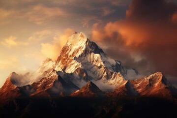 Wall Mural - General view of snowy mountain peak and clouds, created using generative ai technology