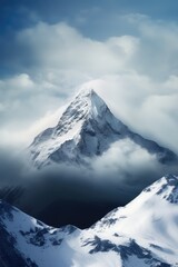 Wall Mural - General view of snowy mountain peak and clouds, created using generative ai technology