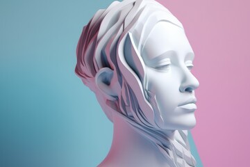 Wall Mural - close up of white face sculpture on pink and blue background, created using generative ai technology