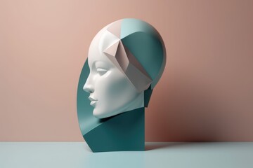 Wall Mural - close up of stone woman's face sculpture on beige background, created using generative ai technology