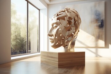 Wall Mural - close up of stone man's face sculpture in modern interiors, created using generative ai technology