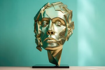 Wall Mural - close up of gold metallic face sculpture on green background, created using generative ai technology