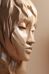 Wall Mural - close up of stone woman's face sculpture on beige background, created using generative ai technology