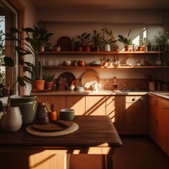 Wall Mural - kitchen interior with plants, decorations and equipment created using generative ai technology