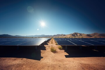 Wall Mural - Solar panels on field and blue sky with clouds, created using generative ai technology