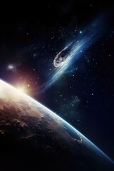 Wall Mural - comet in space with glowing light and stars over earth, created using generative ai technology