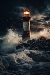 Wall Mural - lighthouse and stormy seas at night, created using generative ai technology