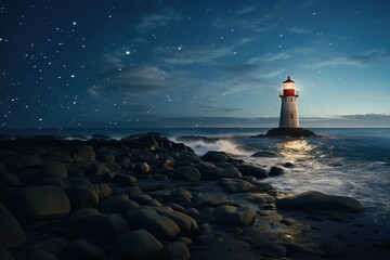 Wall Mural - lighthouse and stormy seas at night, created using generative ai technology