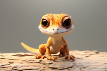 Wall Mural - Close up of cute gecko on branch on grey background, created using generative ai technology