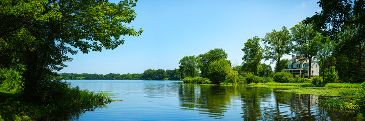 Tranquil summer lakeshore landscape in New England, America