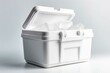 Styrofoam cooler with ice for beach picnics. White and isolated on white background. Generative AI