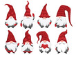 Set of cute gnomes with long beards and red hats isolated on white background. Scandinavian cartoon gnome characters for Christmas design and decoration. Fairy tale dwarfs vector collection.
