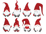 Fototapeta Dinusie - Set of cute gnomes with long beards and red hats isolated on white background. Scandinavian cartoon gnome characters for Christmas design and decoration. Fairy tale dwarfs vector collection.