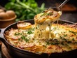 Gratin Dauphinois with a wooden serving spoon and fresh herbs garnishing the dish