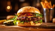 Cheese Burger - American Cheese Burger With Golden French Fries And Fresh Vegetables