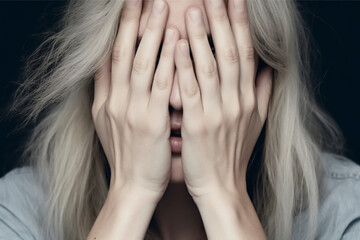 Close-up portrait of a stressed older woman covering her eyes and face with her hands - mental health, isolated, black background