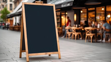 Empty Blackboard Sign Mockup In Front Of A Restaurant , Menu Board With A Street Cafe Or Restaurant , Created With Generative Ai Technology