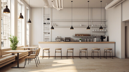 Wall Mural - Minimalist coffee shop with white walls, furnished with simple furniture in neutral colors, sense of calm and serenity.