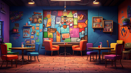 Wall Mural - Colorful coffee shop with vibrant walls, furnished with funky furniture and plenty of art. There should be a sense of fun and excitement