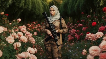 military muslim woman pose carrying weapon