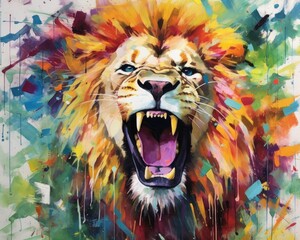 Wall Mural - fluidity and unpredictability of watercolors by creating a dynamic and energetic lion print. bold brushstrokes and splashes of color to depict the lion's movement and power