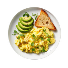 Plate Of Scrambled Eggs And Toast With Avocado Isolated On A Transparent Background 