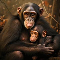 Wall Mural - chimp and her young baby