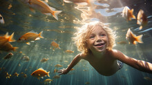 Happy Kid Swiming With Fishes, Happy Kid Have Fun In Swimming Pool. Swimming Under Water, Funny Child Swim, Dive In Pool Jump Deep Down Underwater From Poolside. Healthy Lifestyle, People Water Sport 
