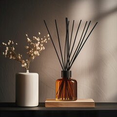 reed diffuser bottle mockup, aroma diffuser in luxurious beige and brown home interior decor, front 