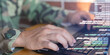 close up soldier man as programmer hand typing command on keyboard laptop to check about software or configuration for military operation system in office room concept	
