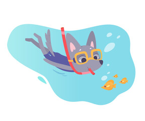 Scuba dive adventure of cute wolf diver, baby animal in mask diving in blue water