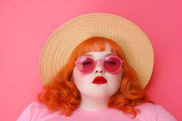 Poster - Mannequin with red hair wearing straw hat and pink sunglasses. Generative AI.