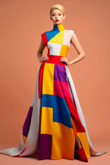 Poster - Woman wearing multicolored dress with high neck and sleeves. Generative AI.