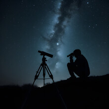 A Person Using A Telescope To Observe The Stars And Plane Generative AI