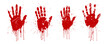 Red hands print with drips and splatters. Horror and dirty red palm for halloween decoration. Scary elements with stain, splatter and streams isolated on white background