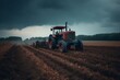 A blue tractor pulling red harrow in cloudy field. Generative AI