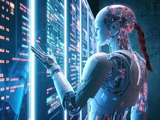 dramatic digital artwork that captures the growing intensity of cyber attacks worldwide. AI Artificial Intelligence, Data Science, Information technology concept. Humanoid robot touching on AI machine