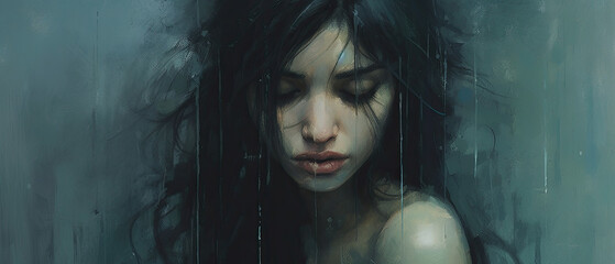 Wall Mural - Portrait of a Sad Woman, Exploring the Depths of Emotion and Human Vulnerability illustration.