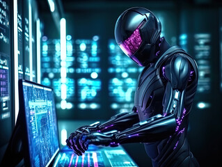 dramatic digital artwork that captures the growing intensity of cyber attacks worldwide. AI Artificial Intelligence, Data Science, Information technology concept. Humanoid robot touching on AI machine