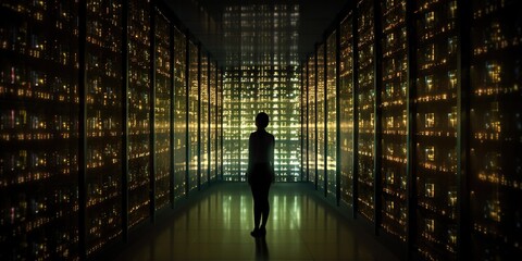 Wall Mural - Woman standing in front of wall of computer servers with servers creating an abstract pattern of light and shadows, concept of Technology infrastructure, created with Generative AI technology
