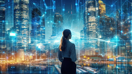 businesswoman working on a huge screen full of HUD intarface design elements, AI Artificial Intelligence, Data Science, Information technology concept