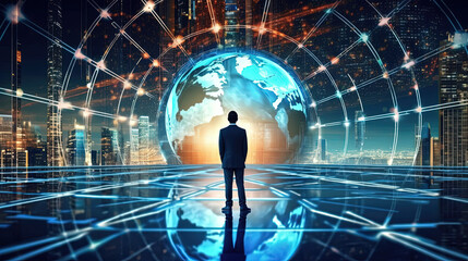 Businessman and internet network connection, economic development, business deal, marketing planning, digital marketing plan working on a huge screen full of HUD intarface design elements