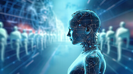 dramatic digital artwork that captures the growing intensity of cyber attacks worldwide. AI Artificial Intelligence, Data Science, Information technology concept. Humanoid robot touching on AI machine