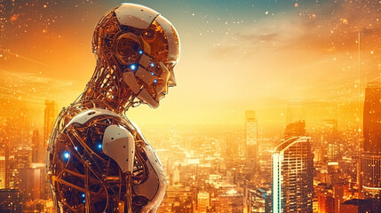 Humanoid robot working on a huge screen full of HUD intarface design elements