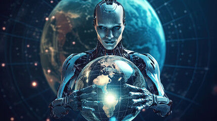 dramatic digital artwork that captures the growing intensity of cyber attacks worldwide. AI Artificial Intelligence, Data Science, Information technology concept. Humanoid robot touching on AI machine