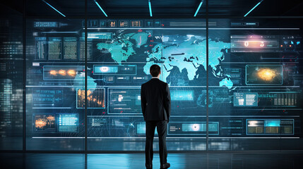 businessman working on a huge screen full of HUD intarface design elements, AI Artificial Intelligence, Data Science, Information technology concept