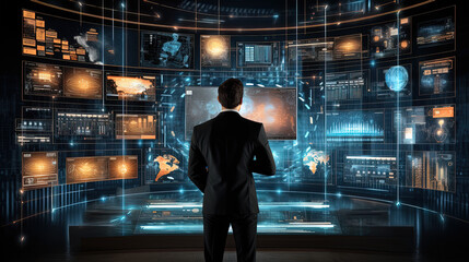 businessman working on a huge screen full of HUD intarface design elements, AI Artificial Intelligence, Data Science, Information technology concept
