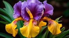 Blossoming Bearded Iris In Delicate Shades Of Purple And Yellow. Up Close View Of This Botanical Wonder In A Beautiful Garden: Generative AI